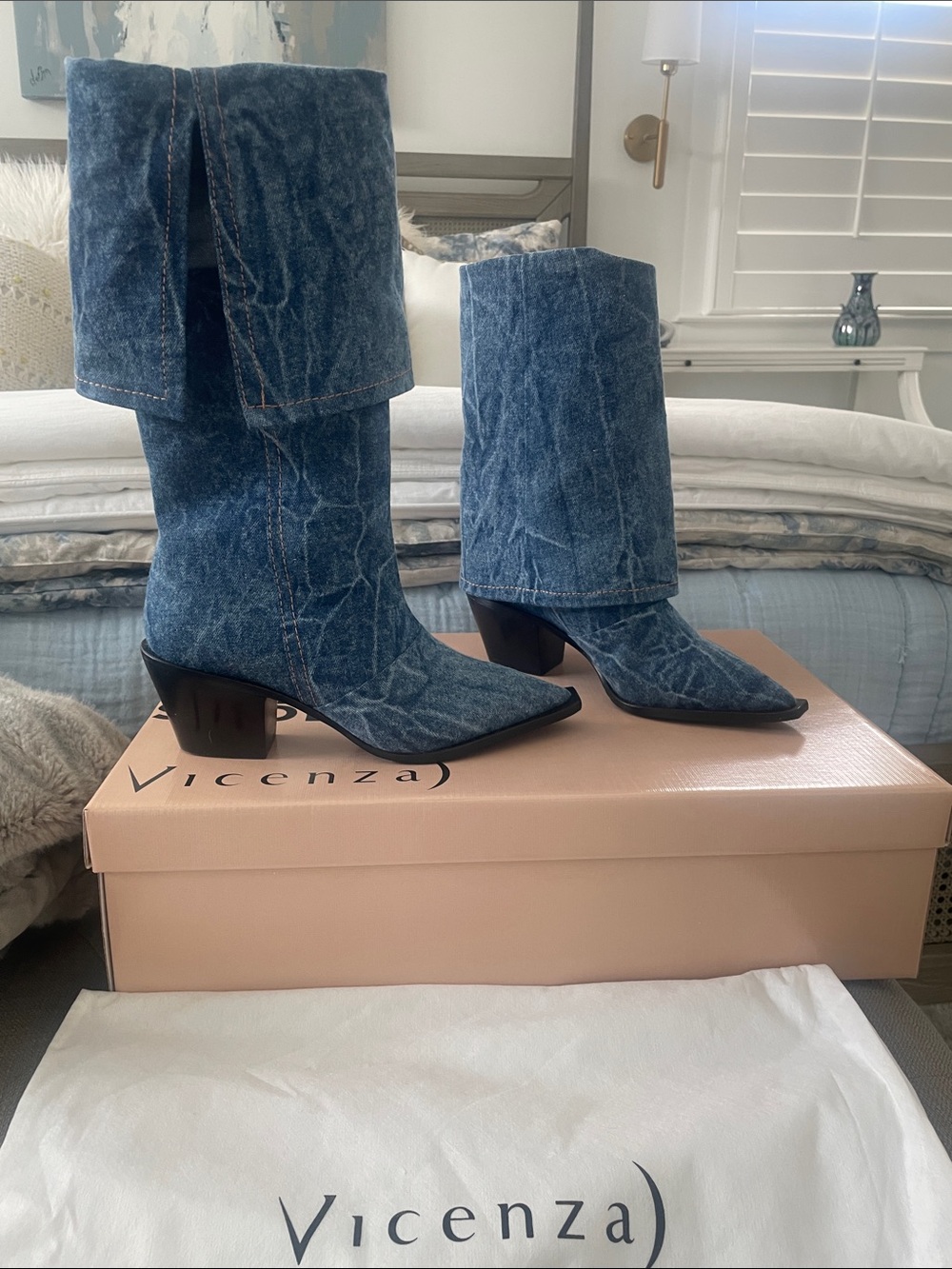 Vicenza Blue Denim Pointed-Toe Mid-Calf Boots